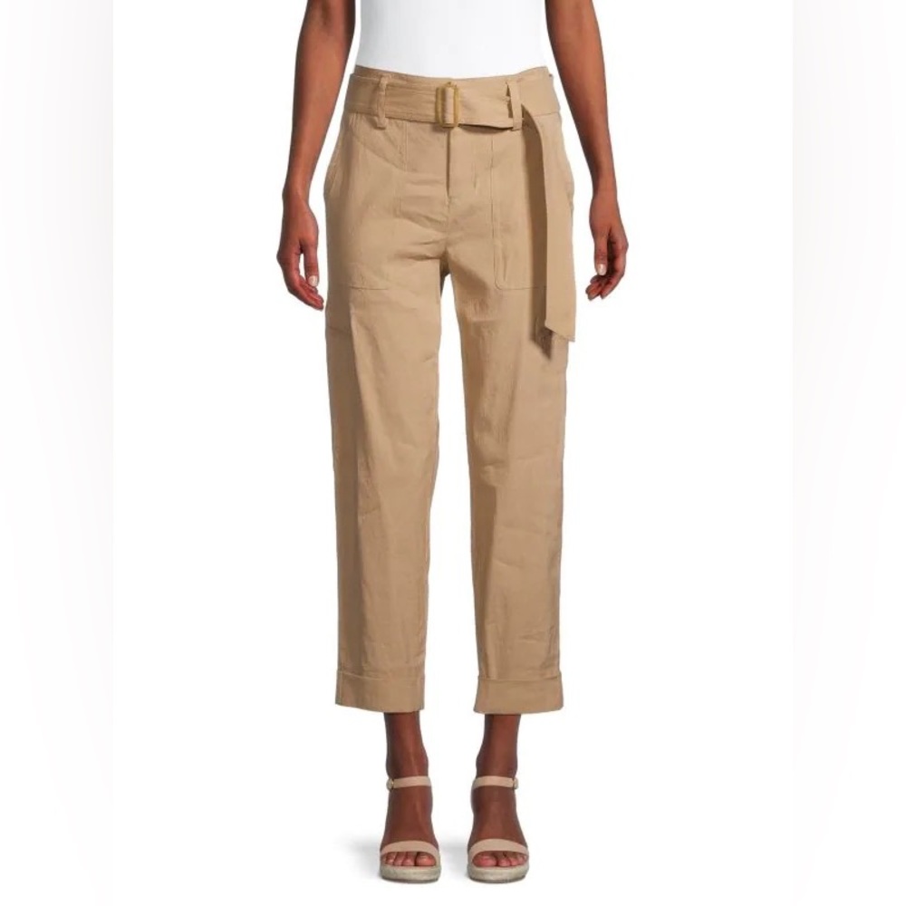 VINCE Belted Cropped Linen Blend Pants